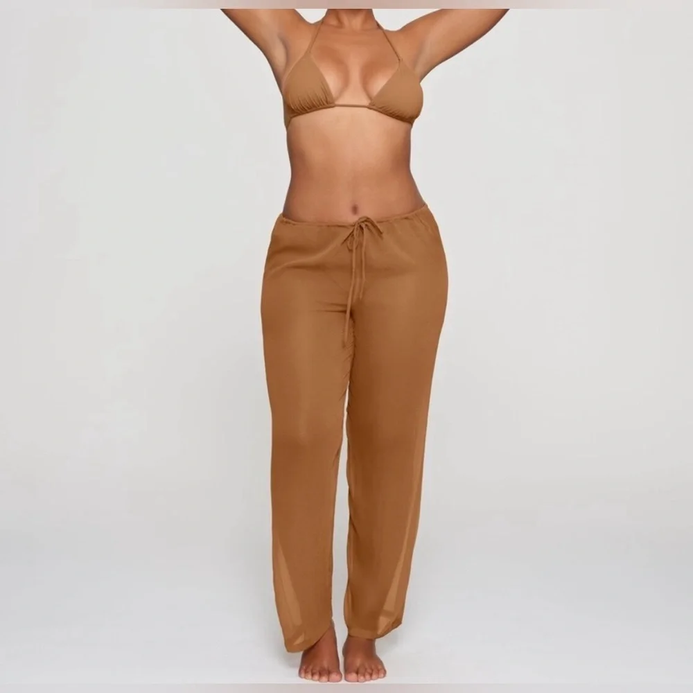 SKIMS 3X Swimwear Crinkle Silk Coverup Pants in Almond Color Sheer Pullon lounge